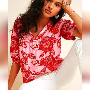 Anthropologie Vineet Bahl Womens Shirt l Pink Red Floral Embroidered Size Medium